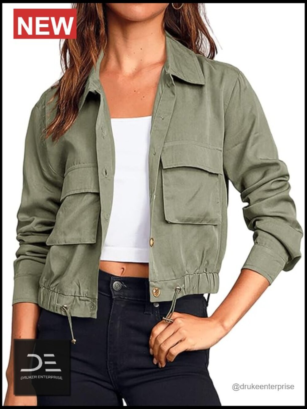 Lightweight Cropped Military Jacket with Pockets